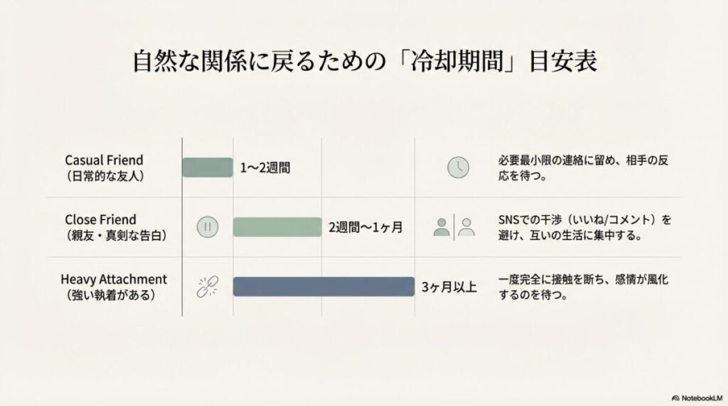 関係性の深さに応じた、1週間から3ヶ月以上の冷却期間と、その間の行動指針の表