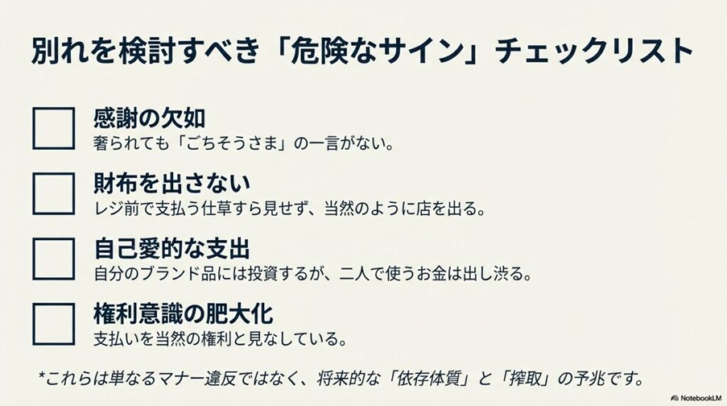 感謝の欠如、財布を出さない、自己愛的な支出、権利意識の肥大化の4項目。これらは単なるマナー違反ではなく、搾取の予兆であると指摘するリスト。