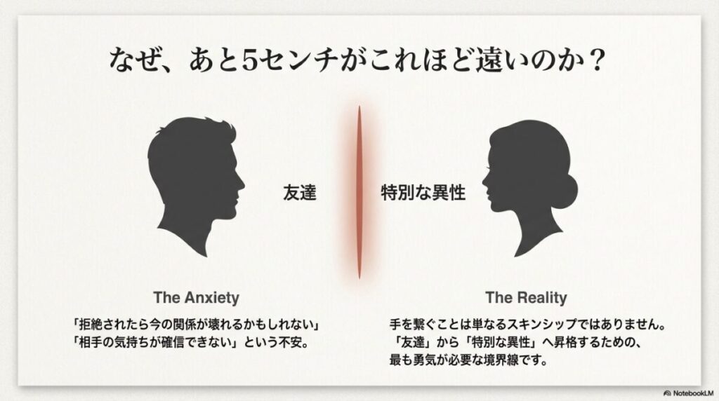 手を繋ぐことは単なるスキンシップではなく、「友達」から「特別な異性」へ昇格するための勇気が必要な境界線であることを示すイメージスライド
