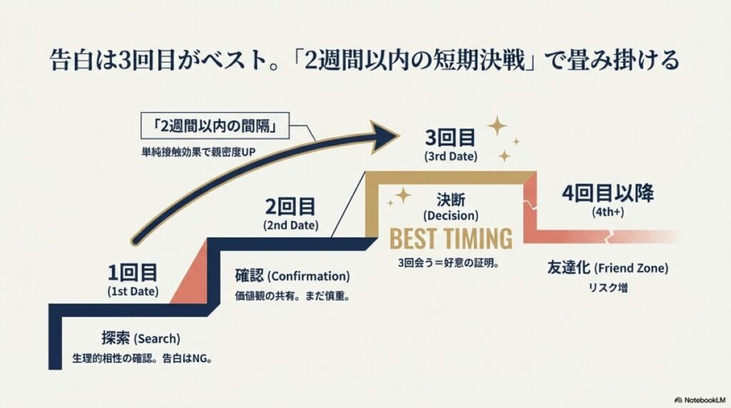 デートの回数ごとの心理変化を示した階段図。1回目は探索、2回目は確認、3回目が決断のベストタイミングであり、4回目以降は友達化のリスクがあることを示す図