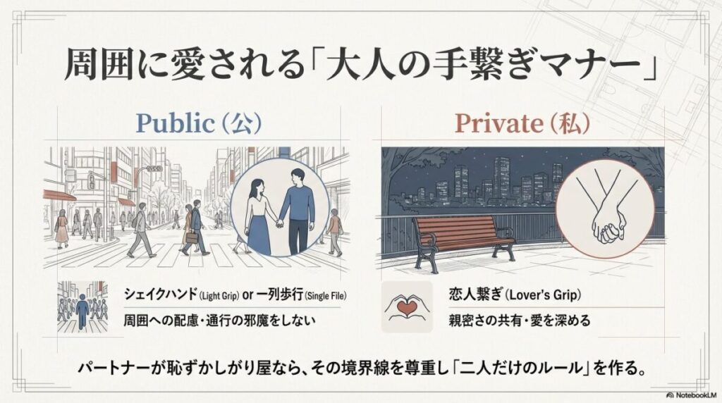 公共の場（一列歩行やシェイクハンド）と、プライベート（恋人繋ぎ）での振る舞いを使い分け、周囲へ配慮するマナーを説いたスライド