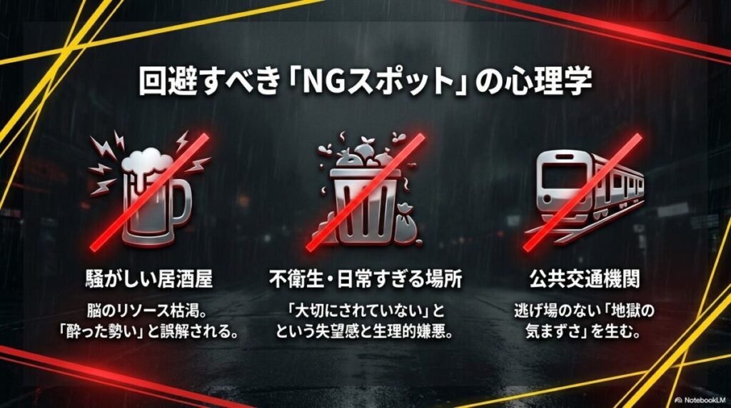 居酒屋、不衛生な場所、公共交通機関など、相手に失望や生理的嫌悪を与える場所の警告