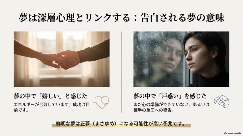 夢の中で感じた「嬉しい」または「戸惑い」という感情が、現実の成功率や心の準備とどうリンクしているかの解説