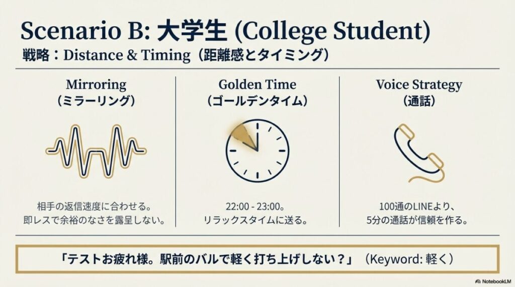 相手の返信速度に合わせるミラーリング、22時以降の「ゴールデンタイム」、信頼を作る「5分の通話」の効果、および「軽く」というキーワードを用いた誘い方の具体例