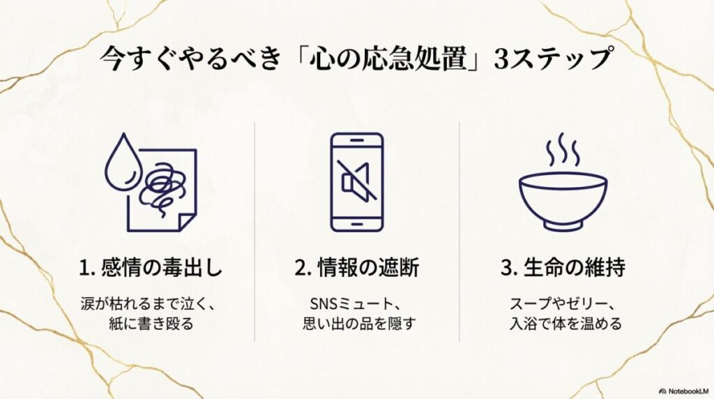 1.感情の毒出し、2.情報の遮断、3.生命の維持という、失恋直後に最優先すべき3つのケア手順を示したイラスト