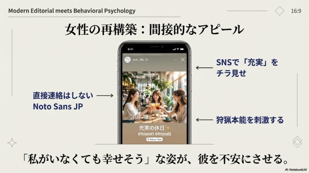 SNSで充実した休日をチラ見せし、狩猟本能を刺激することで相手を不安にさせ、再アプローチを促す手法。