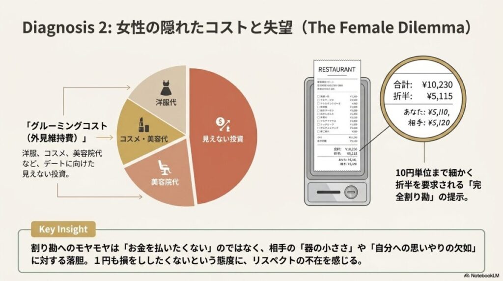 洋服や美容代などの見えない投資と、細かな割り勘による失望感の対比図