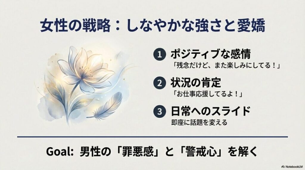 花と羽のイラスト。ポジティブな感情、状況の肯定、日常会話へのスライドにより、男性の罪悪感と警戒心を解く戦略の解説。