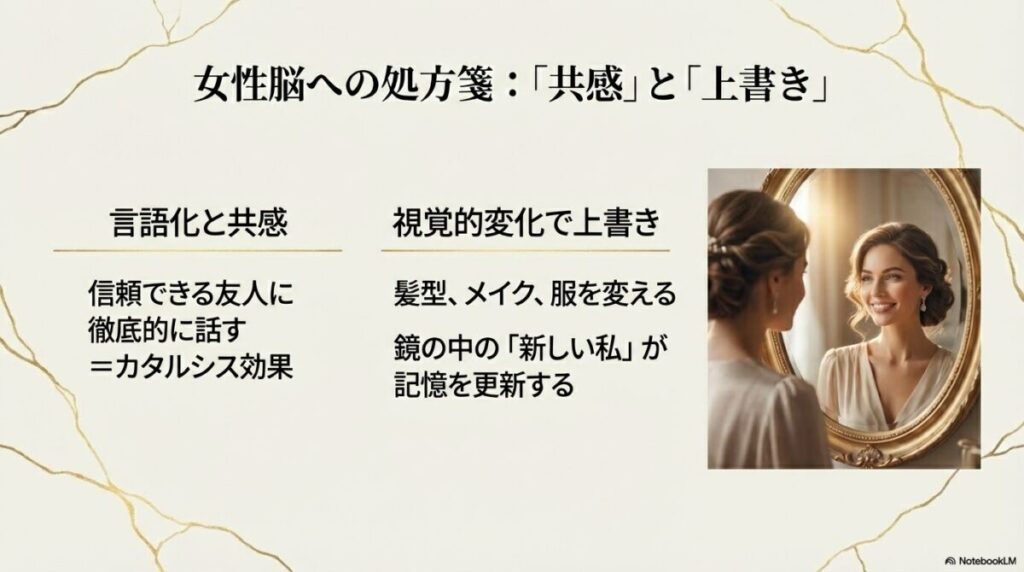 友人に話して共感を得ることや、髪型・メイクを変えて視覚的に記憶を上書きすることを推奨する女性向けアドバイス