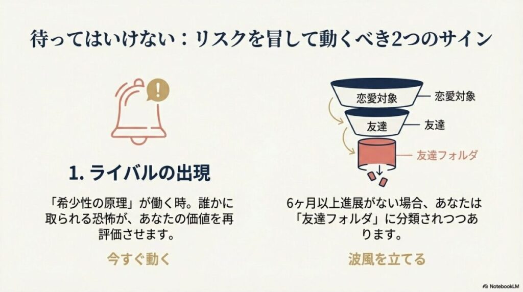 ベルのアイコン（ライバルの出現）と、じょうごのイラスト（友達フォルダへの分類）。これらはリスクを冒して動くべきサインであることを示す図