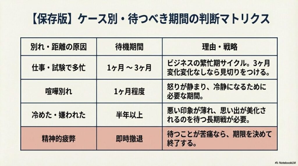 別れや距離の原因別（多忙、喧嘩、冷めた、精神疲弊）に、適切な待機期間とその理由をまとめた一覧表