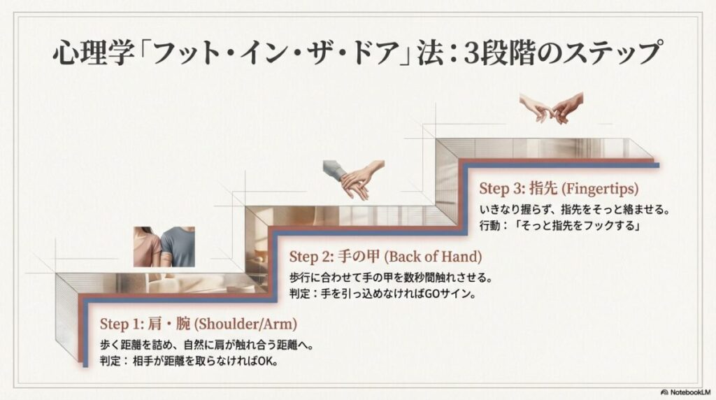 肩・腕から始まり、手の甲、そして指先へと、段階的に接触を増やして相手の反応を確認する「フット・イン・ザ・ドア」の図解スライド