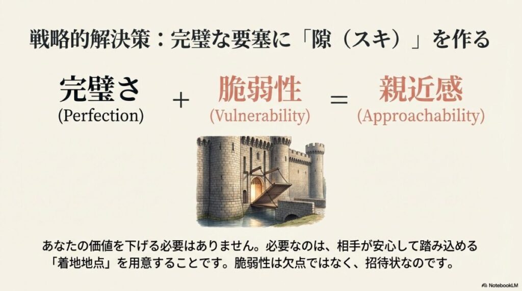 堅牢な城の跳ね橋が少し開いているイラスト。完璧さに「脆弱性（弱み）」を足すことで親近感が生まれ、アプローチしやすくなるという図解