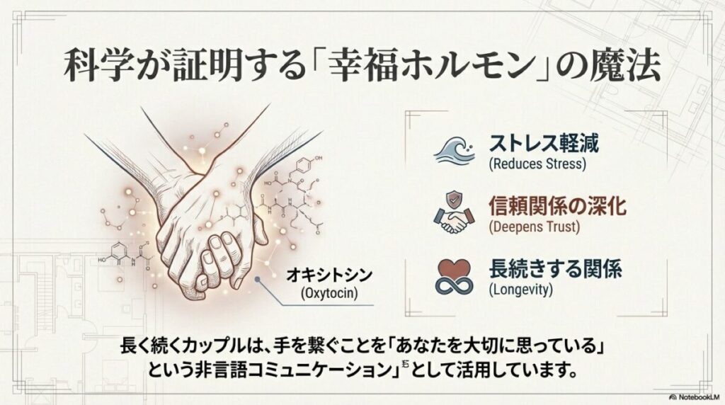 恋人繋ぎ、シェイクハンド、指先繋ぎなど、繋ぎ方によって「強い愛情」「信頼」「遊び心」といった異なるメッセージが伝わることを示す図解スライド