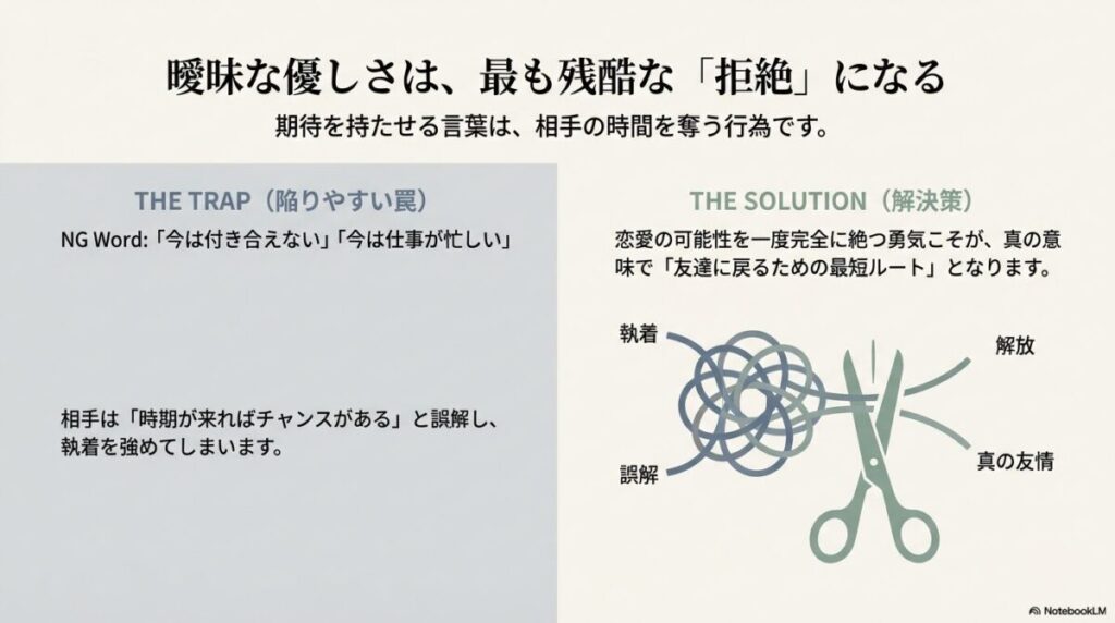 絡まった紐をハサミで切るイラストと、曖昧な言葉が執着を生むリスク、断る勇気が最短ルートであることの解説