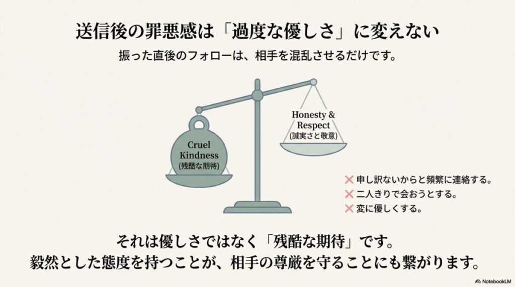 天秤のイラストで、過度な優しさが「残酷な期待」になり、毅然とした態度が「誠実さと敬意」であることを示す図