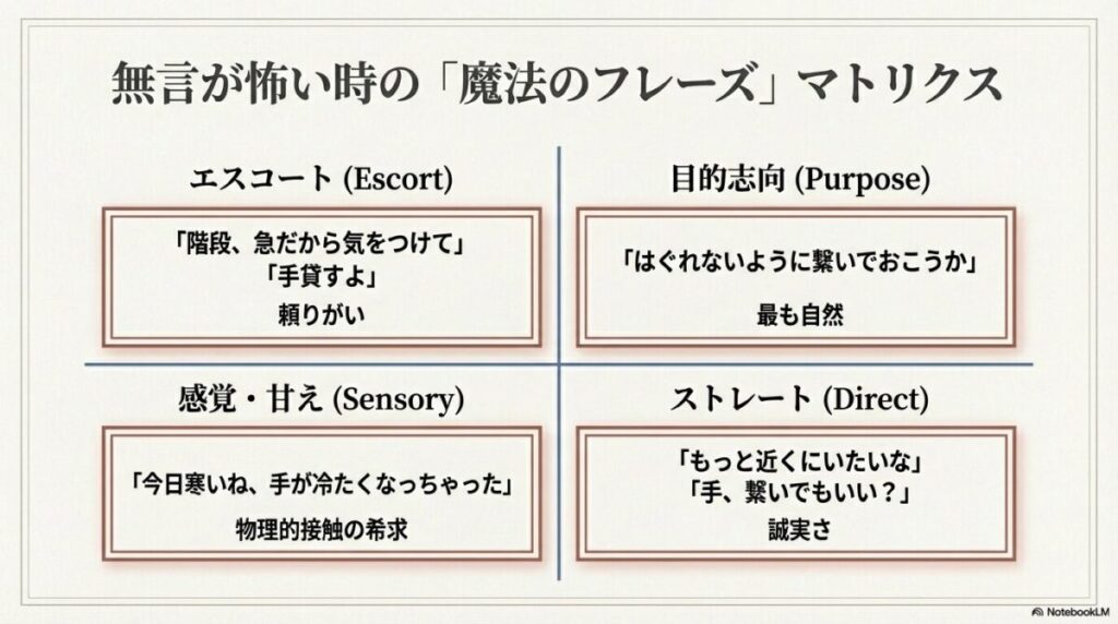 エスコート型、感覚型、目的志向型、ストレート型といった、状況に応じた「手を繋ぐためのセリフ」を分類してまとめたスライド