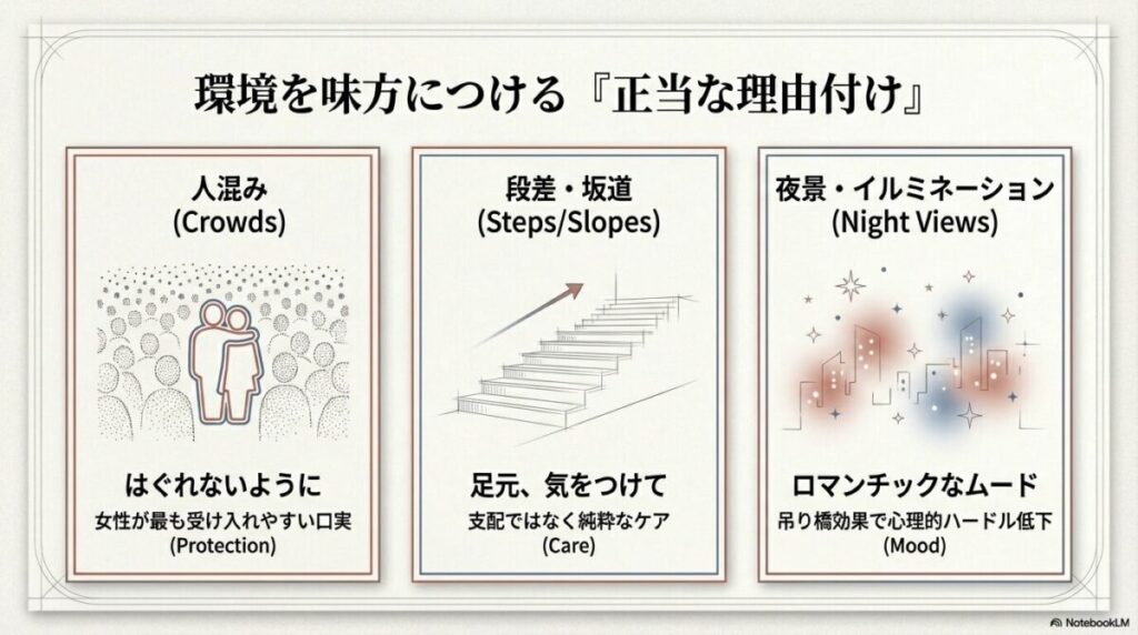 人混み（はぐれないように）、段差（足元注意）、夜景（ムード作り）など、手を繋ぐ際の自然な口実をイラストと共に解説するスライド
