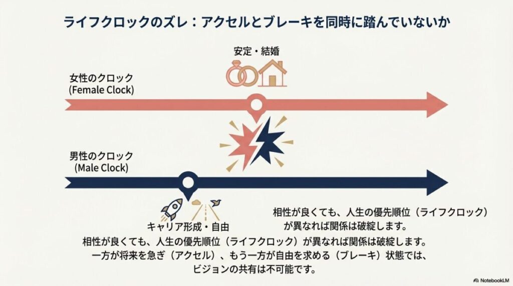 女性の安定・結婚を求めるクロックと、男性のキャリア・自由を求めるクロックがずれている様子を描いたイラスト