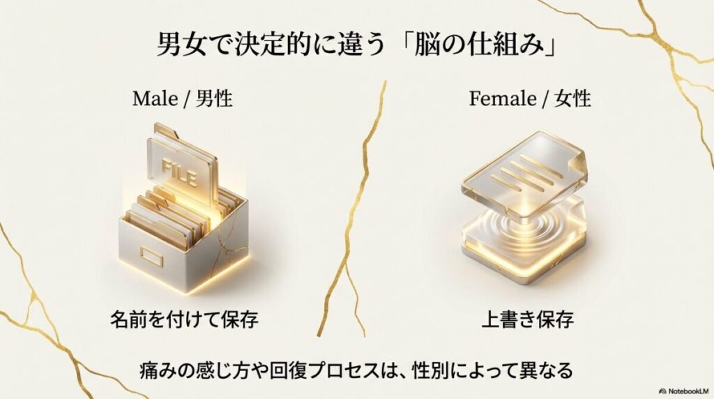 男性の「名前を付けて保存」と女性の「上書き保存」という、性別による脳の記憶処理の違いをフォルダとファイルのイラストで比較した図