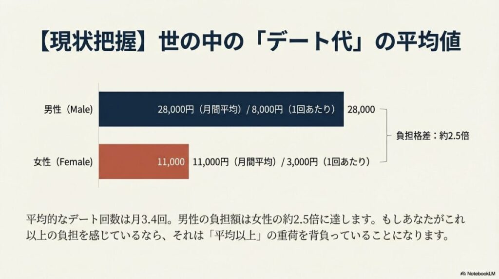 男性の平均負担額（月28,000円）と女性（月11,000円）の棒グラフ。負担格差は約2.5倍であり、平均デート回数は月3.4回であることを示すデータ。