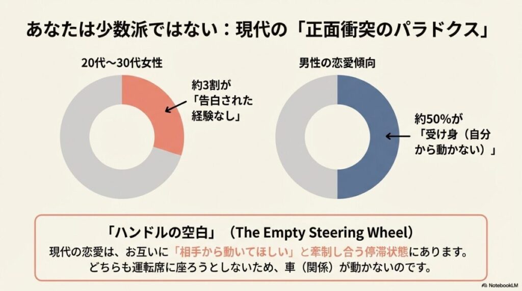 男性(受験生)が「告白」という門を前にして、失敗への恐怖を感じている図解 。合格証書(あなた)は欲しいが、100%の確信がないと願書を出せない心理を表している 。