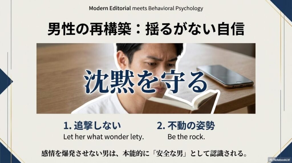 読書をする落ち着いた男性の背景に「沈黙を守る」の文字。追撃せず不動の姿勢を貫くことで「安全な男」と認識される戦略。