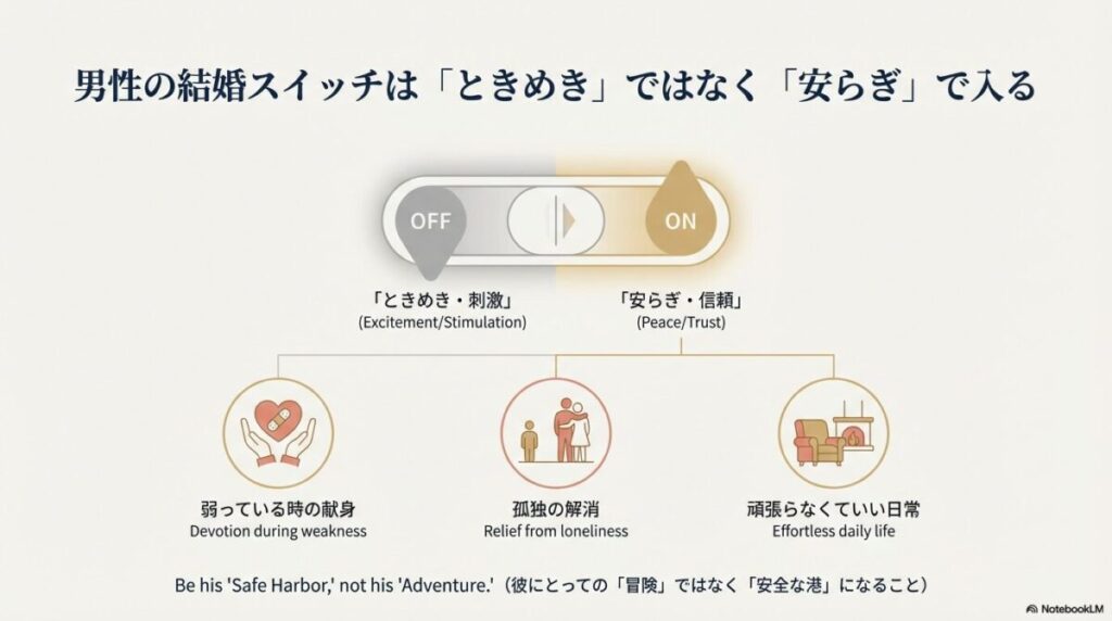 スイッチのイラスト。ときめきや刺激ではOFFのままだが、安らぎや信頼を感じた時に結婚スイッチがONになることを示す図