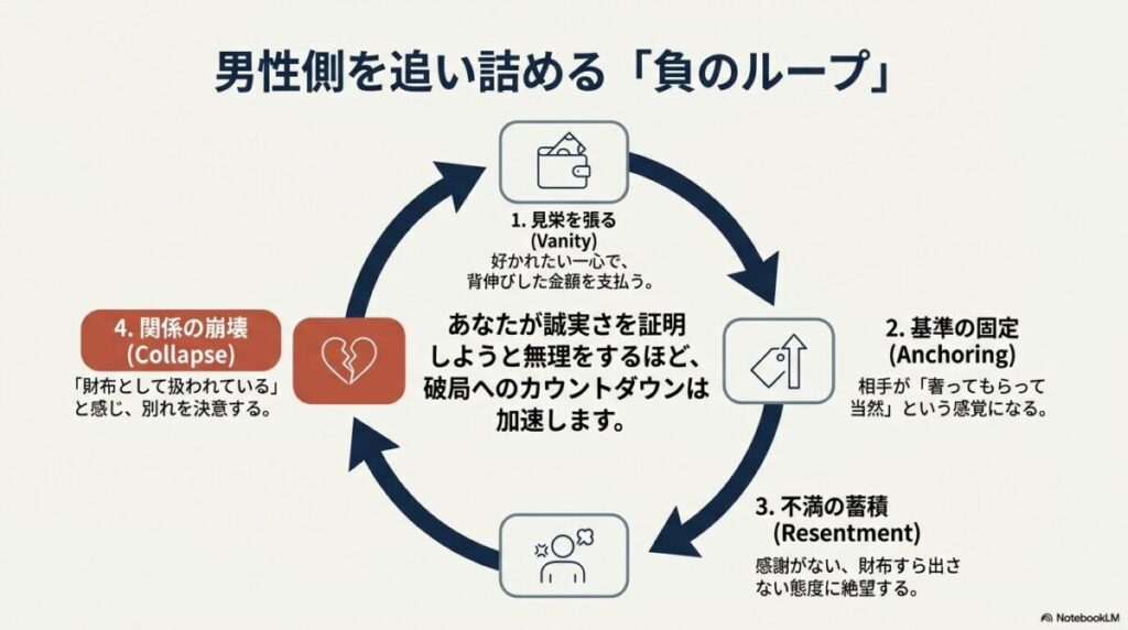 見栄を張る→基準の固定→不満の蓄積→関係の崩壊という4ステップの循環図。無理な誠実さの証明が破局を加速させることを警告している。