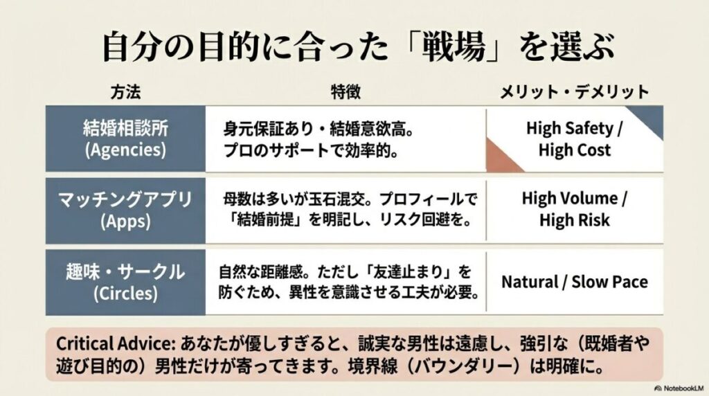 結婚相談所、マッチングアプリ、趣味・サークルのメリット・デメリットを比較した図。優しすぎると強引な男性が寄るため、境界線が必要というアドバイス