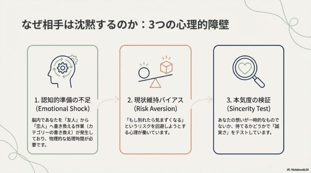 認知的準備の不足（カテゴリー書き換え）、現状維持バイアス（リスク回避）、本気度の検証（誠実さテスト）という3つの心理的背景を図解