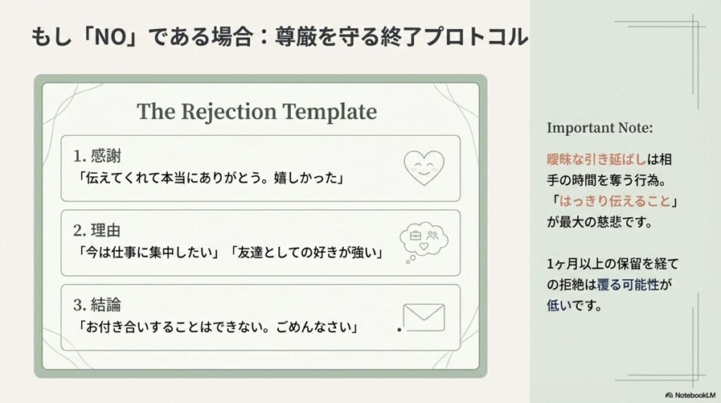 感謝、理由、結論の3ステップで伝える「The Rejection Template」。曖昧な引き延ばしをせず、はっきり伝えることが最大の慈悲であるという注意書き