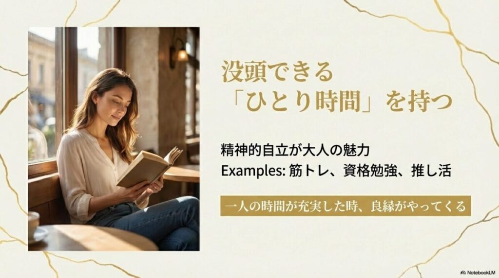 読書やカフェなど、没頭できる一人の時間を充実させることが精神的自立につながり、良縁を引き寄せることを示すイメージ画像