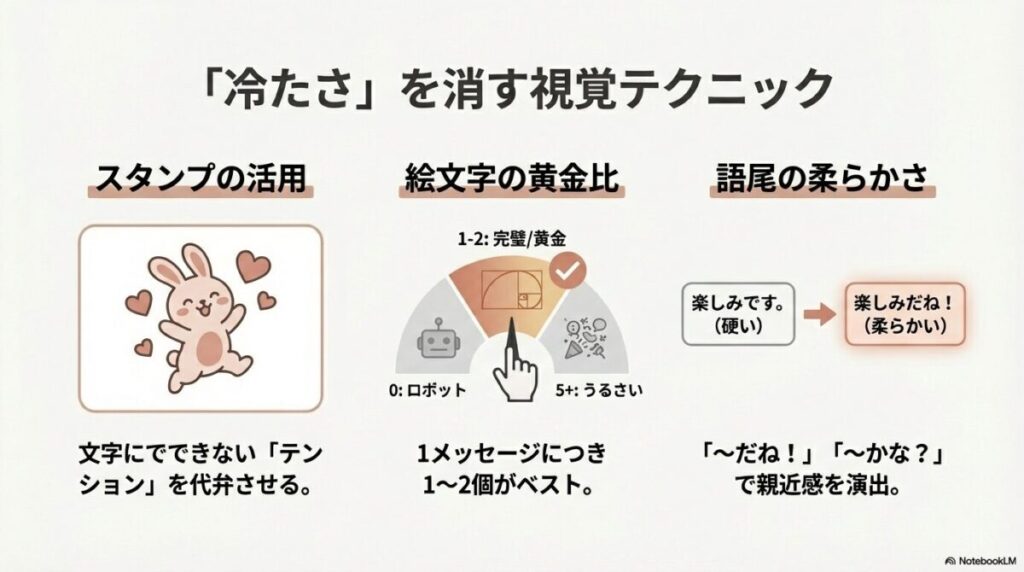 絵文字の数は1メッセージにつき1〜2個がベストであることや、スタンプ活用のメリットを説明する図解。