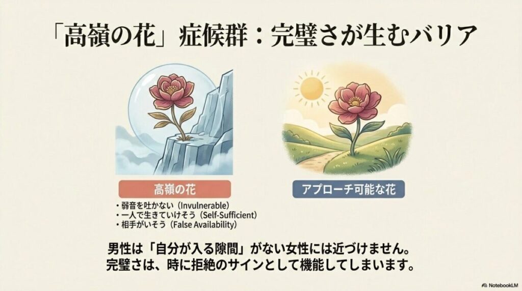 ガラスケースに入ったような「高嶺の花」という外見のバリアと、それを取り払うための「気さくな人間味」という戦略的ギャップの図解