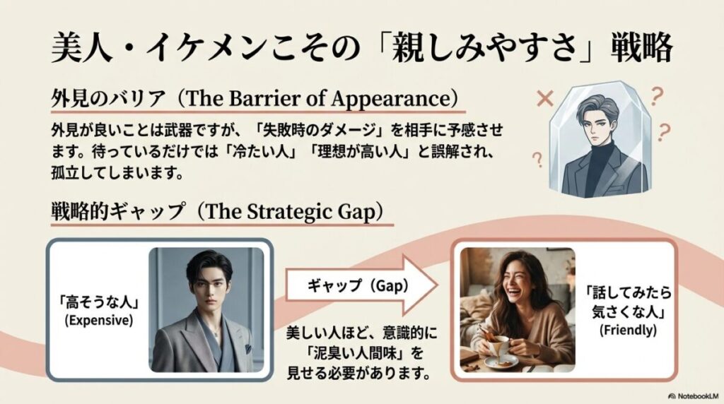 クールな外見と、笑ってコーヒーを飲む親しみやすい姿のギャップ図解。「高そうな人」に見える人ほど、意識的に「人間味」を見せる必要があることを説明