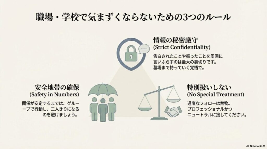 情報の秘密厳守、安全地帯(グループ)の確保、特別扱いしないという職場での鉄則