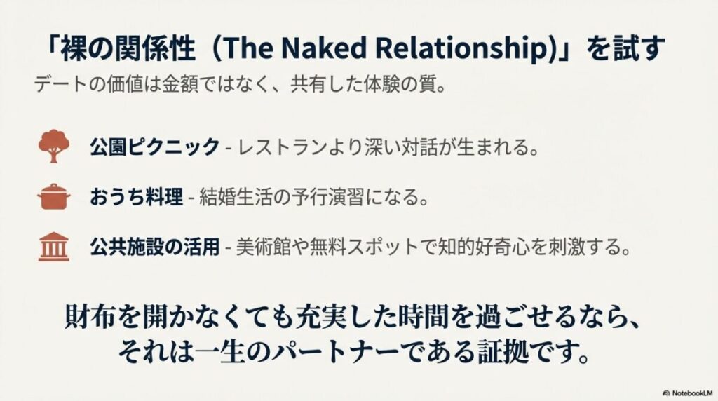 公園ピクニック、おうち料理、公共施設の活用など、財布を開かなくても充実した時間を過ごせるパートナーこそが一生のパートナーであると説くスライド。