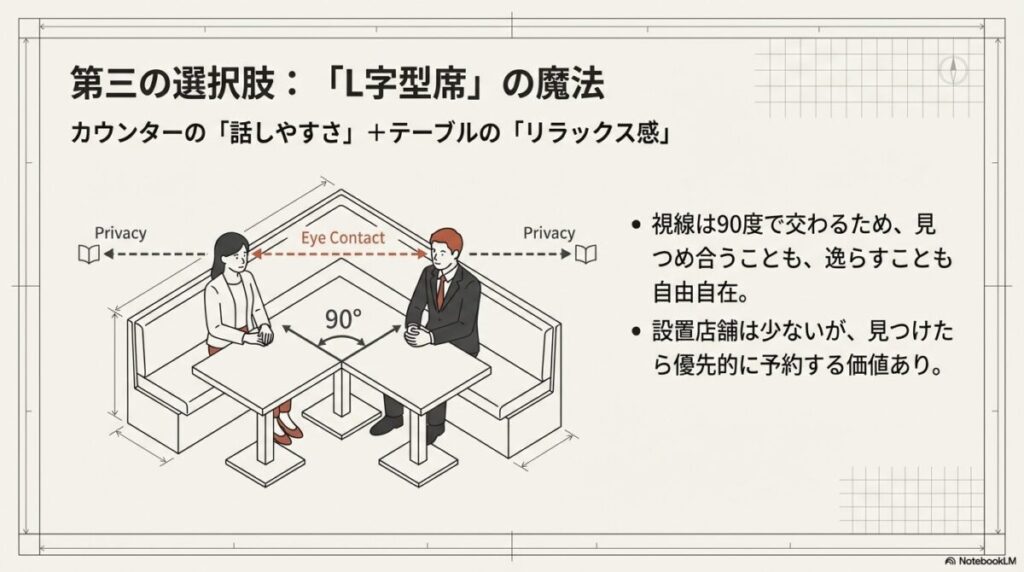 視線を合わせるのも外すのも自由な、カウンターとテーブルの良いとこ取りをしたL字型席のメリット図解。