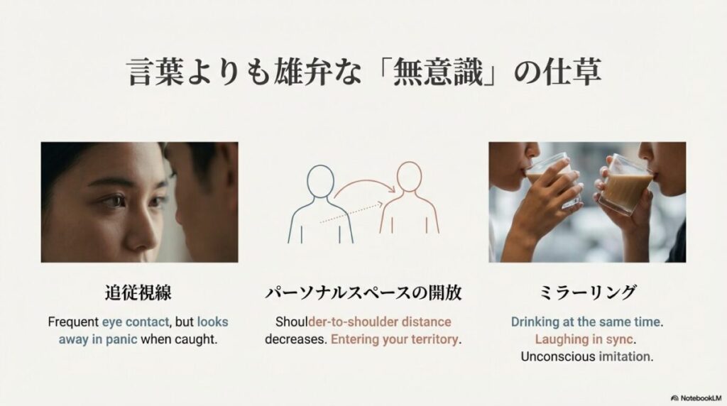 追従視線、パーソナルスペースの開放、ミラーリング（同じタイミングで飲み物を飲む等）の解説