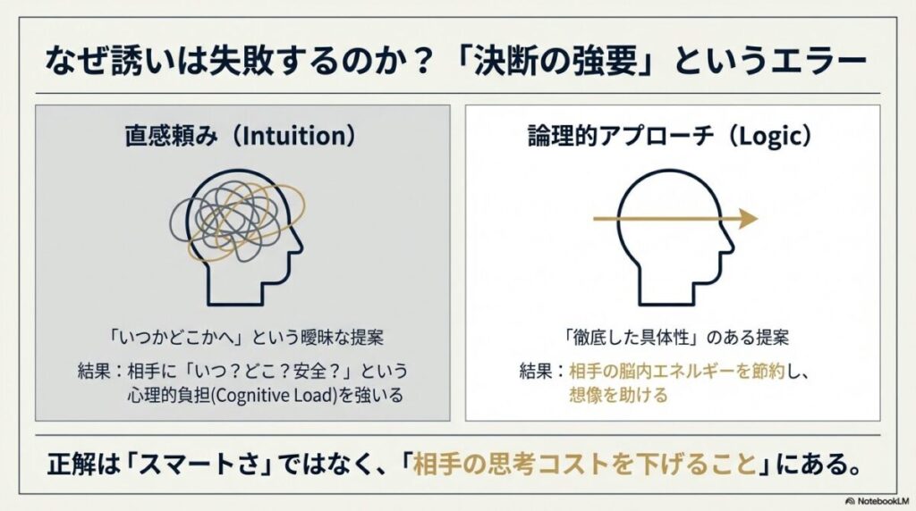 曖昧な誘いが相手に「いつ？どこ？」という心理的負担（認知負荷）を強いる様子と、具体的な提案が相手の脳内エネルギーを節約し、承諾しやすくする対比構造のイラスト