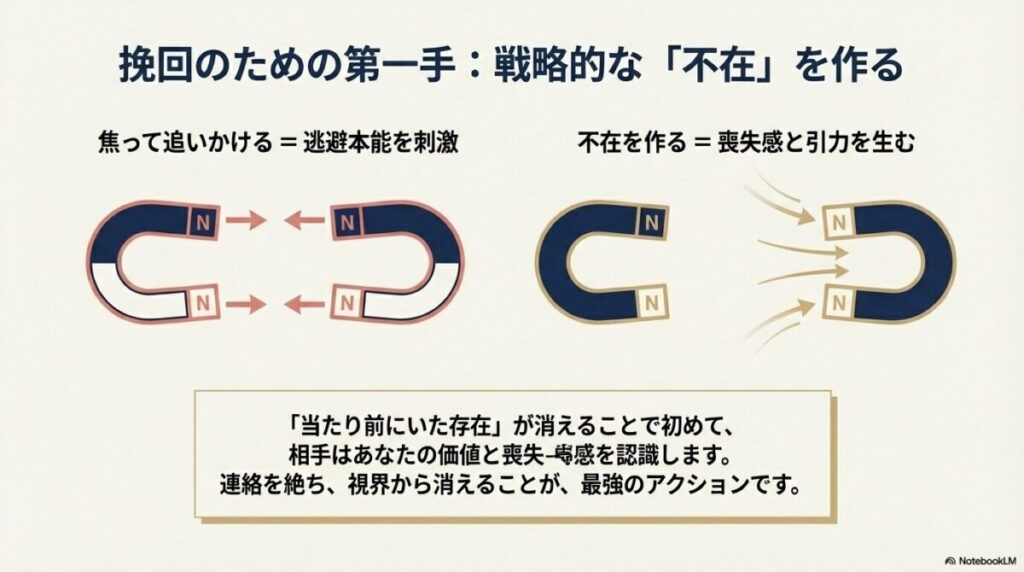 磁石のイラスト。N極同士（焦って追いかける）は反発するが、不在を作ることでS極のような引力が生まれ、引き寄せ合うことを示す図
