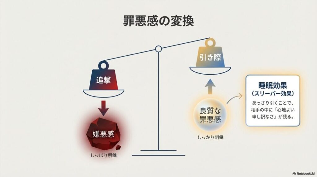 「追撃」が嫌悪感を生み、「引き際」が良質な罪悪感とスリーパー効果（後から効いてくる好印象）を生むことを示す天秤のイラスト。