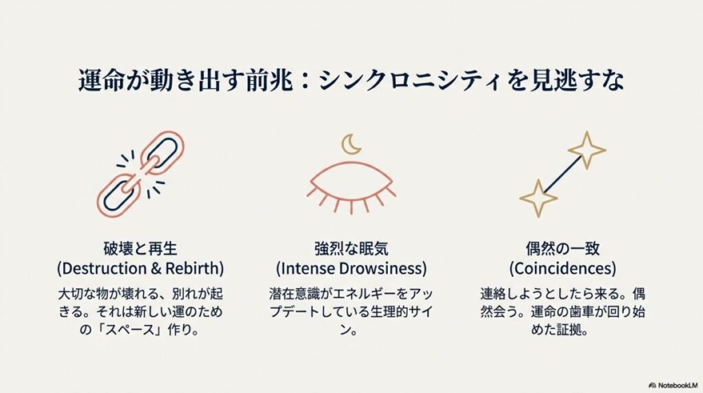 切れた鎖（破壊と再生）、閉じた目（強烈な眠気）、繋がった星（偶然の一致）のアイコン。シンクロニシティの前兆を示す図