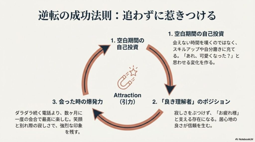 遠距離片思いを成就させる3つのステップ。会えない時間の「自己投資」、良き理解者のポジション確立、そして数ヶ月に一度会った時の「爆発的な楽しさ」が引力になることを解説した図