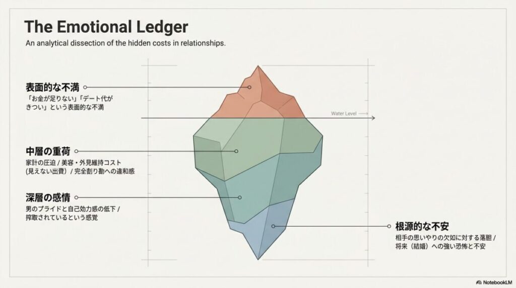 お金が足りない不満の背景にある感情や不安を4層で表した氷山モデル図