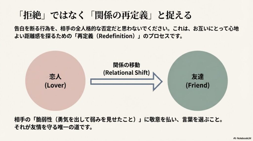 「拒絶」ではなく「恋人」から「友達」への「関係の再定義(Relational Shift)」を示す矢印の図