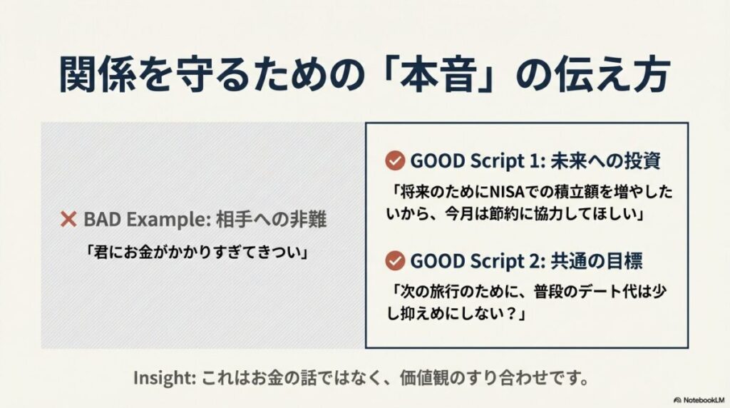 相手を非難する悪い例と、NISAや旅行など「未来や共通目標」を理由にする良い伝え方のスクリプト比較。
