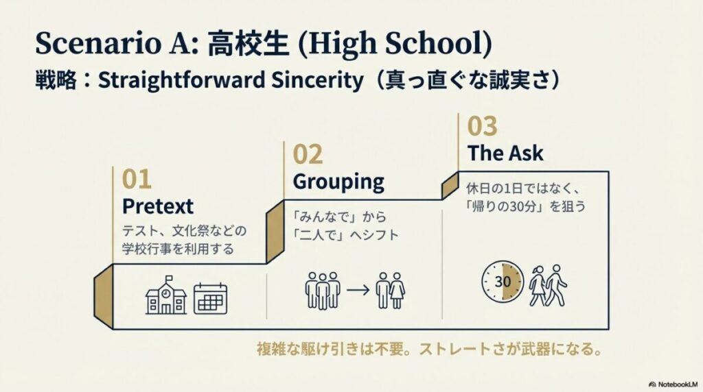 学校行事を利用した口実作り、複数人から二人へのシフト、そして休日の1日ではなく「放課後の30分」という低いハードルから始めるステップアップ戦略の図解
