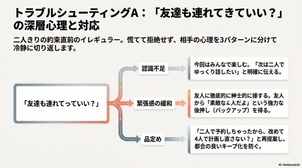 友達同伴を求められた時の相手の心理3パターンとスマートな対応方法の解説図